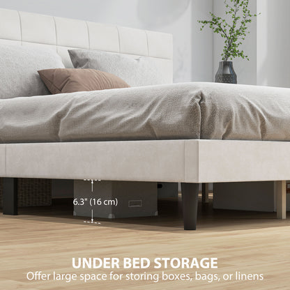 King Size Bed Frame with Upholstered Headboard, Modern Platform Bed Frame with Wood Slats, 1100 lbs Capacity, Cream
