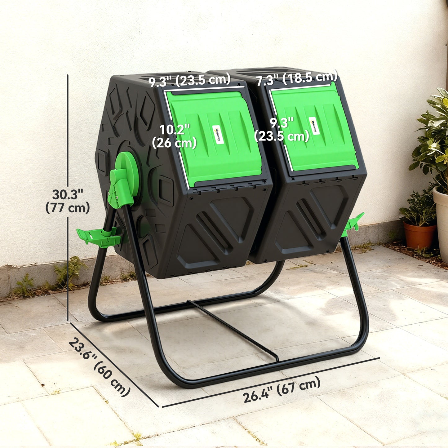 Rotating Composter, Dual Chamber Compost Bin with 24 Vents and Steel Legs, 34.5 Gallon, Green