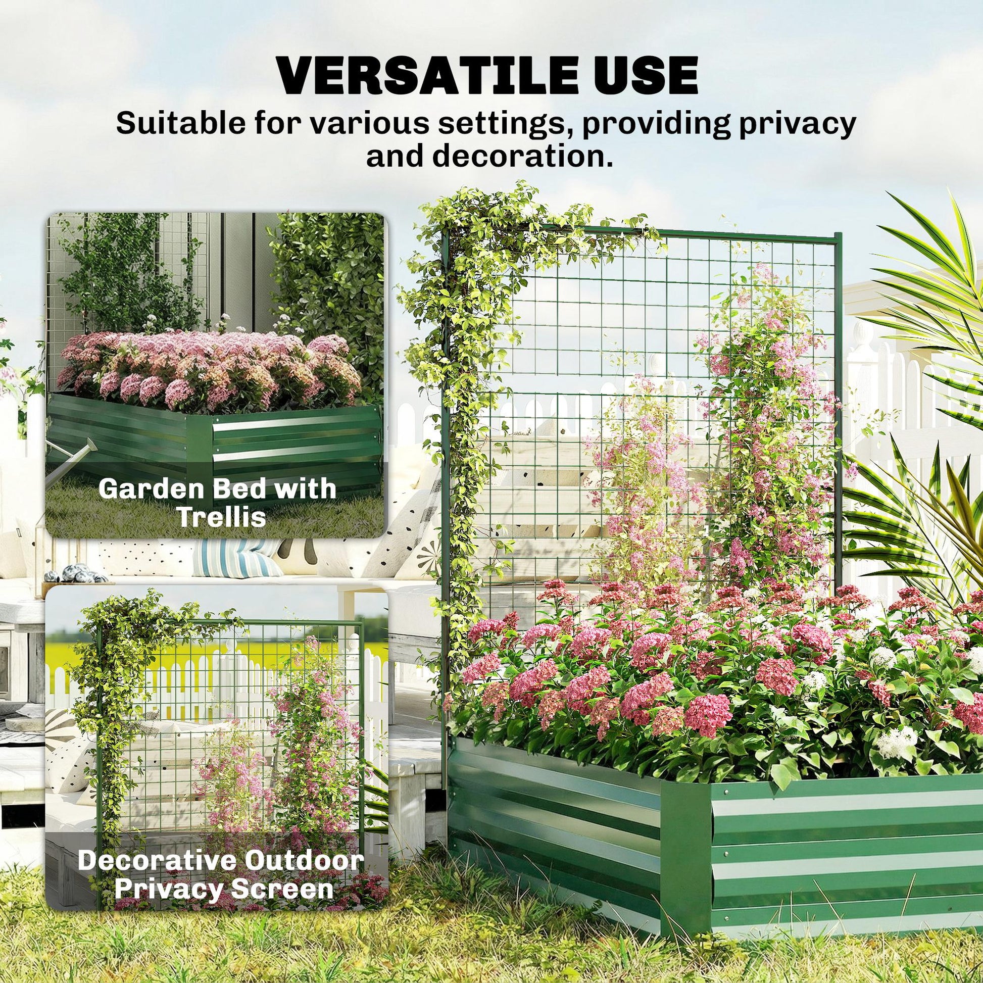 Galvanized Raised Garden Bed with Trellis for Climbing Plants, Outdoor Planter Box with Open Bottom, Green