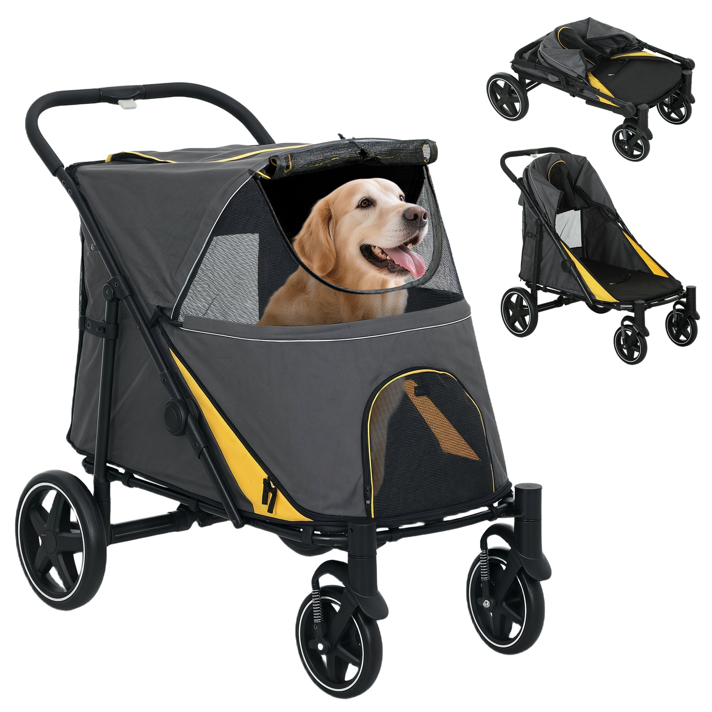 Foldable Pet Stroller with Universal Front Wheels, Shock Absorber, Dog Cat Carriage for Large & Medium Dogs, Dark Grey
