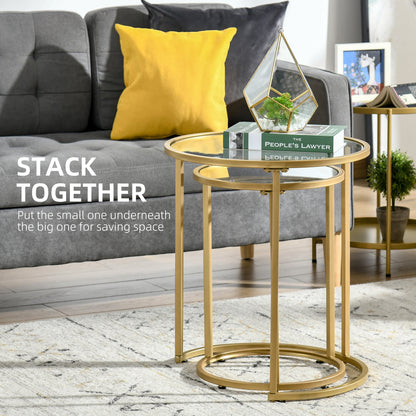 Set of 2 Nesting Coffee Tables with Metal Base, Round Side Table with Tempered Glass Tabletop for Living Room, Bedroom, 