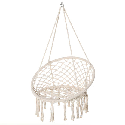Patio Hammock Chair, Hanging Rope Hammock Swing for Indoor & Outdoor Use with Backrest, Cotton-Polyester Blend, Fringe T