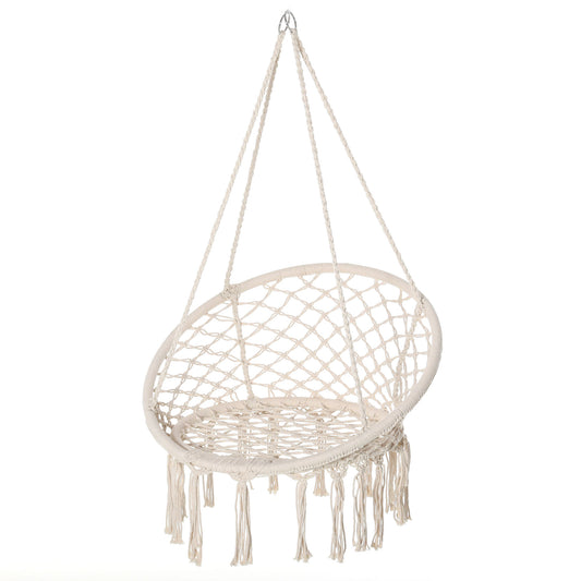 Patio Hammock Chair, Hanging Rope Hammock Swing for Indoor & Outdoor Use with Backrest, Cotton-Polyester Blend, Fringe T