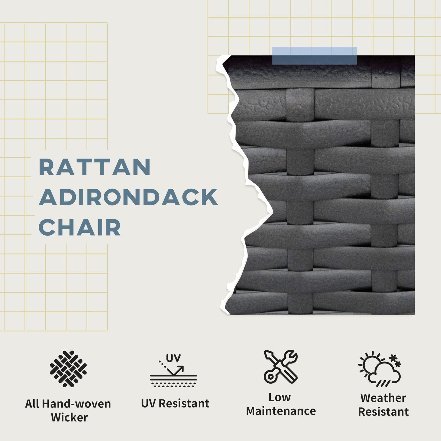Patio Wicker Adirondack Chair, PE Rattan Outdoor Muskoka Chair, Fire Pit Chair with Cushions for Patio, Garden, Backyard