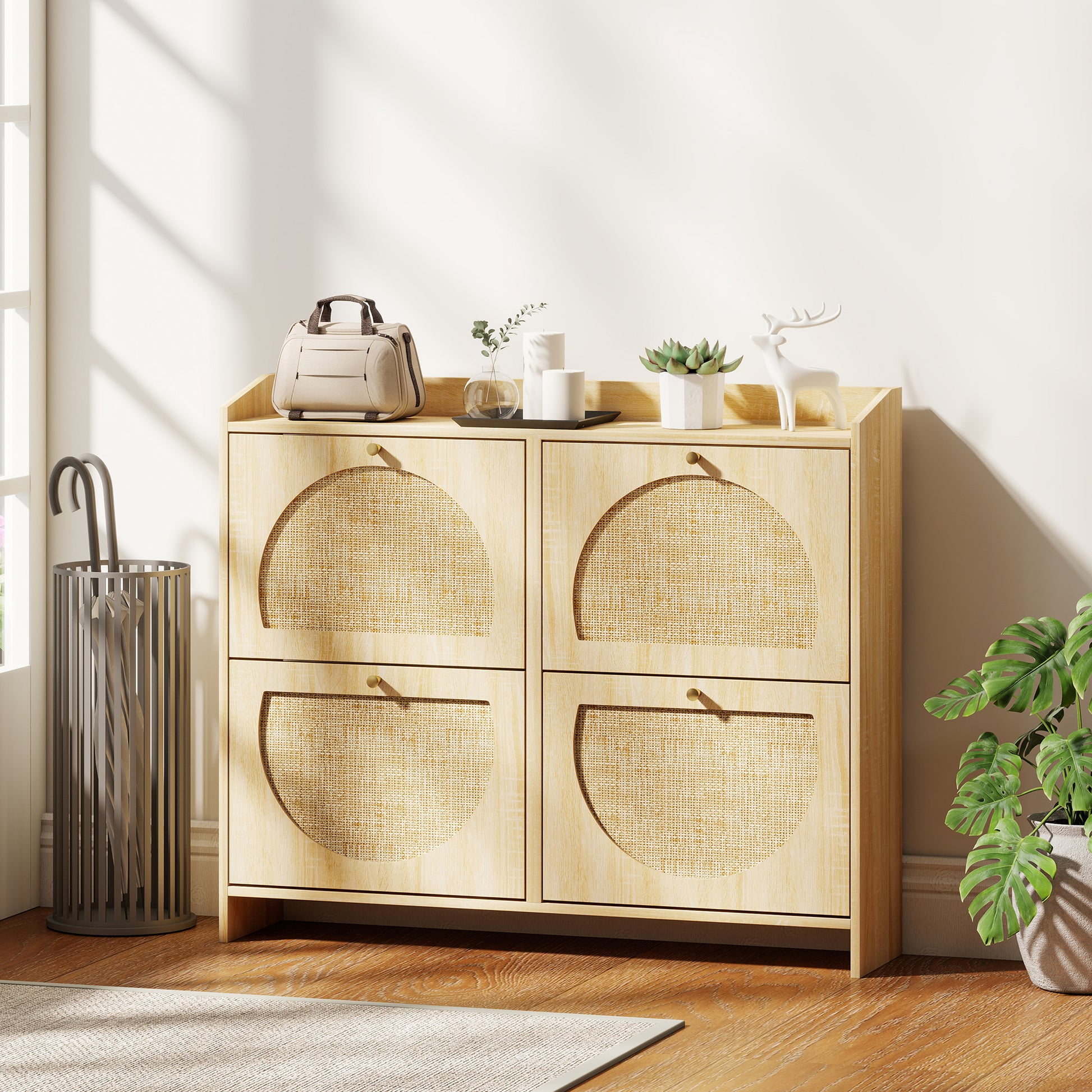 4 Flip-Drawer Shoe Cabinet, Shoe Storage Cabinet with Rattan Doors and Adjustable Shelves, Holds 16 Pairs, Natural