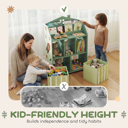 Qaba Kids Bookshelf with Storage, Toy Storage Unit with Book Display, Shelves and Fabric Drawers for Playroom Nursery, G