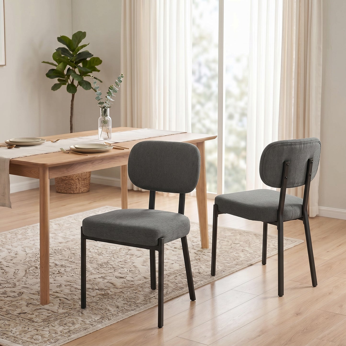 Upholstered Linen Fabric Kitchen Chairs, Modern Dining Chairs Set of 2 with Metal Legs, Grey