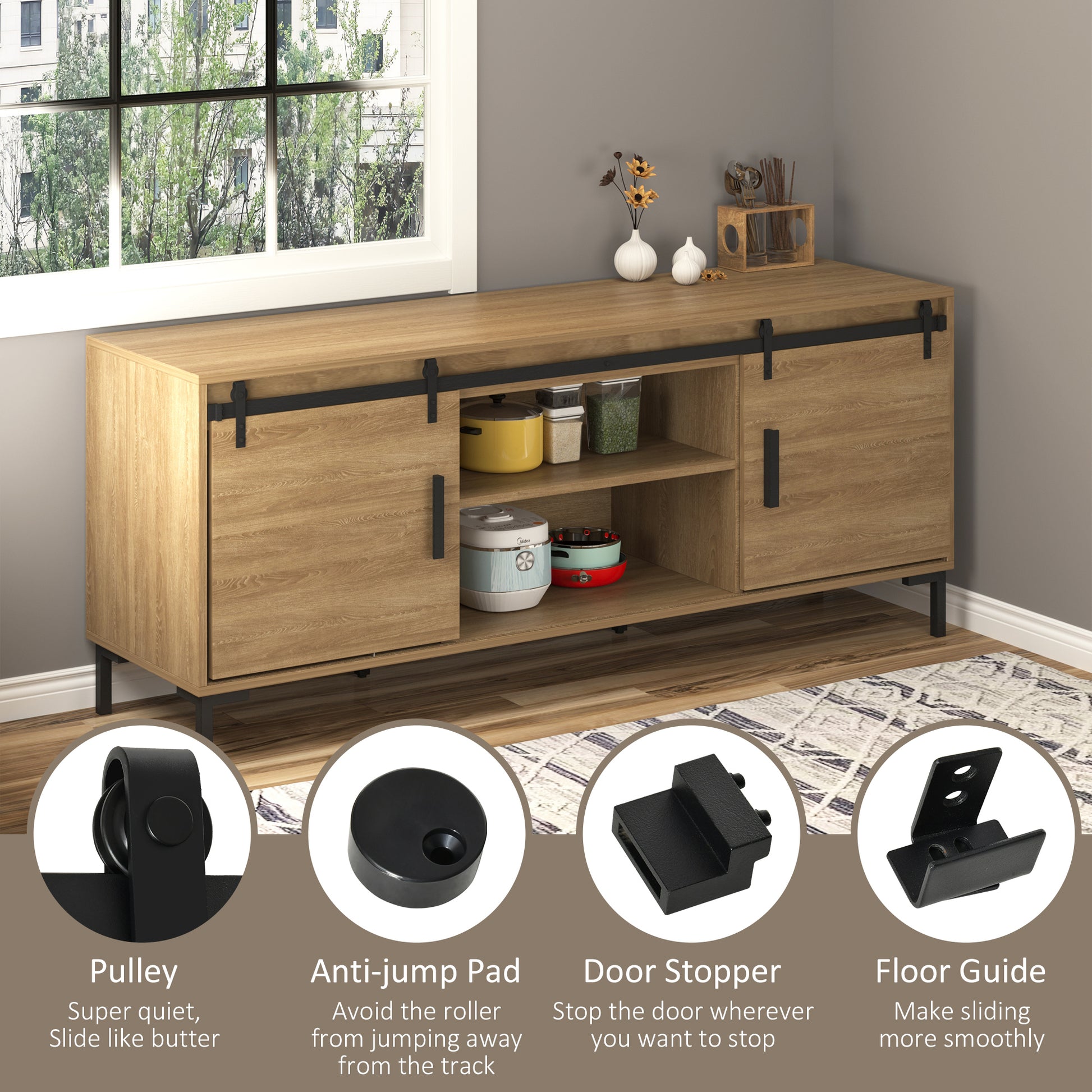 Mini Sliding Barn Door Hardware Kit for Double Doors, TV Stands, Cabinet Barn Door Hardware Kit, Fit 17.7" Wide Door Pan