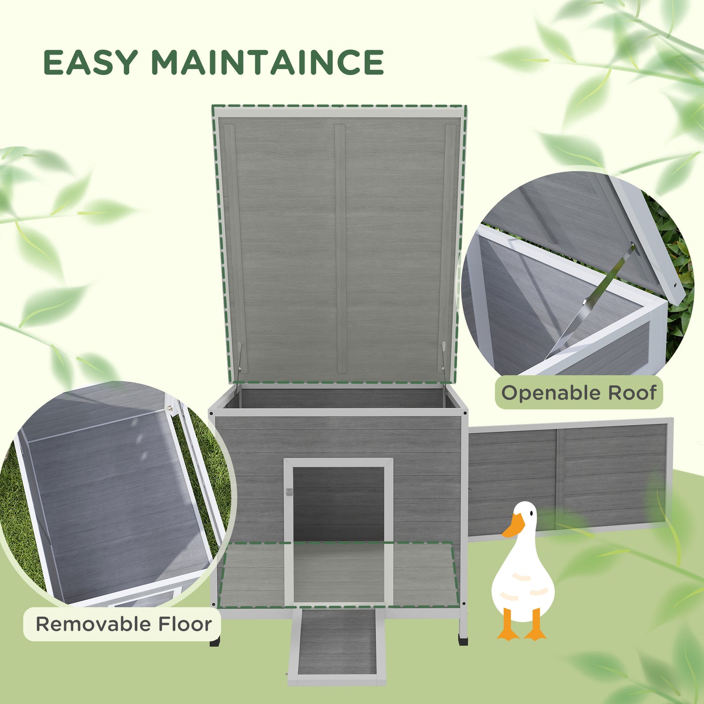 Duck Coop, Wooden Chicken House Rabbit Hutch with Openable Roof, Removable Floor, Double Doors, Ramp, Grey