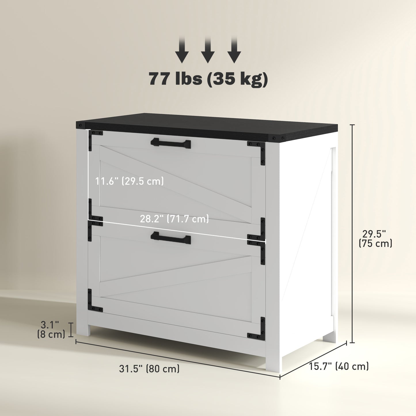2 Drawer Filing Cabinet, Farmhouse Office Storage Cabinet with Adjustable Hanging Bars for Letter, A4, Legal Size, White
