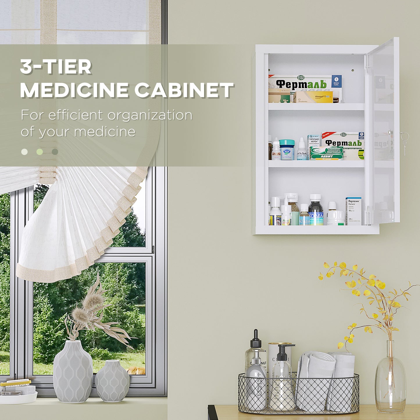 Lockable Medicine Cabinet, 3 Tier Steel Medical Wall Box with 2 Keys and Shelves for Bathroom, White
