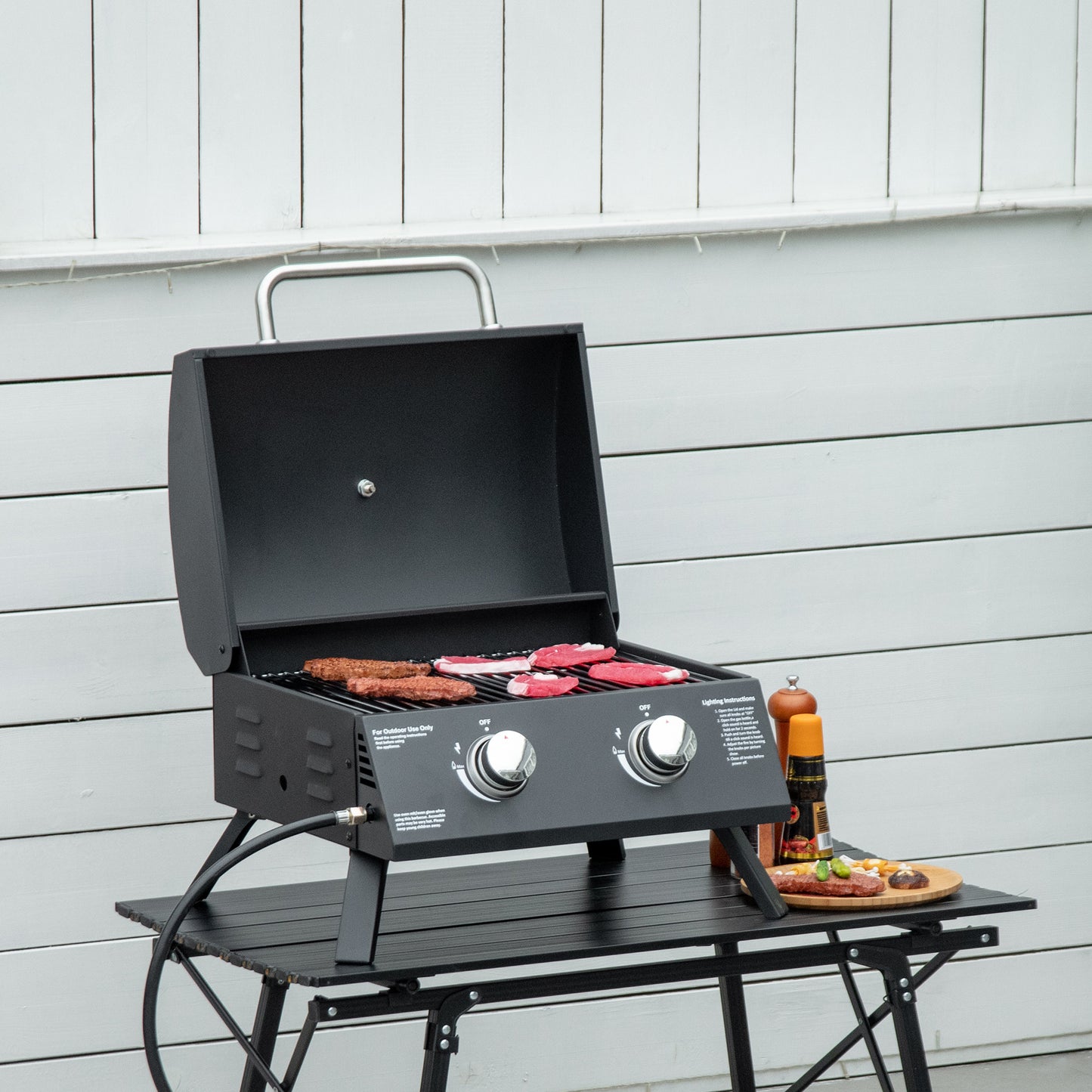 2 Burner Propane Gas Grill, Outdoor Portable Tabletop BBQ with Foldable Legs, 10000 Each Burner, Lid, for Camping, Picni