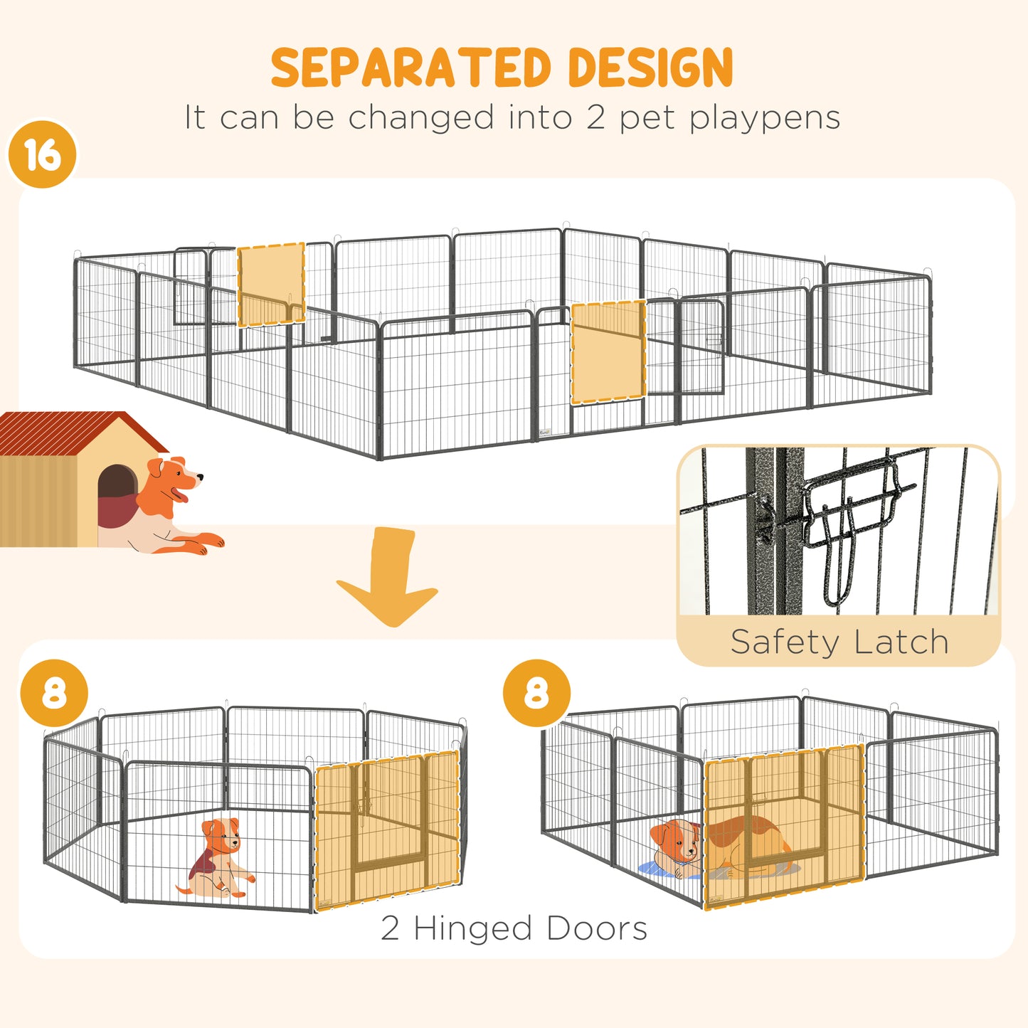 Heavy Duty Dog Playpen, 16 Panels Pet Playpen Dog Fence, Portable Puppy Exercise Pen, with 2 Doors Locking Latch, Outdoo