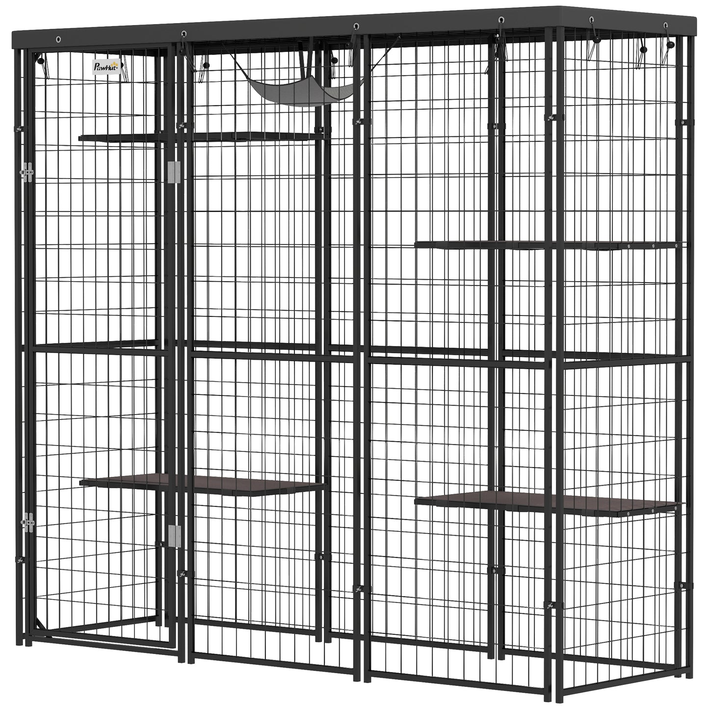 Weld Wire Catio Outdoor Indoor with Waterproof Cover, 4 Jumping Platforms, Hammock, 69" x 22" x 62", Black