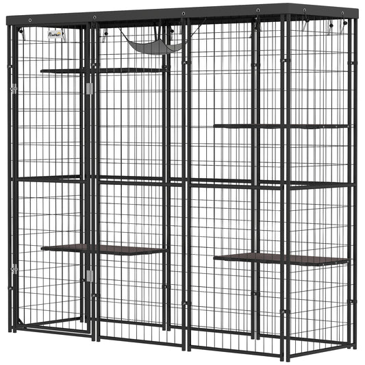 Weld Wire Catio Outdoor Indoor with Waterproof Cover, 4 Jumping Platforms, Hammock, 69" x 22" x 62", Black