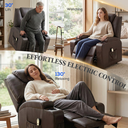 Power Lift Recliner Chair for Elderly, PU Leather Lift Chair with Thick and High Back, Footrest, Remote, Side Pockets, C