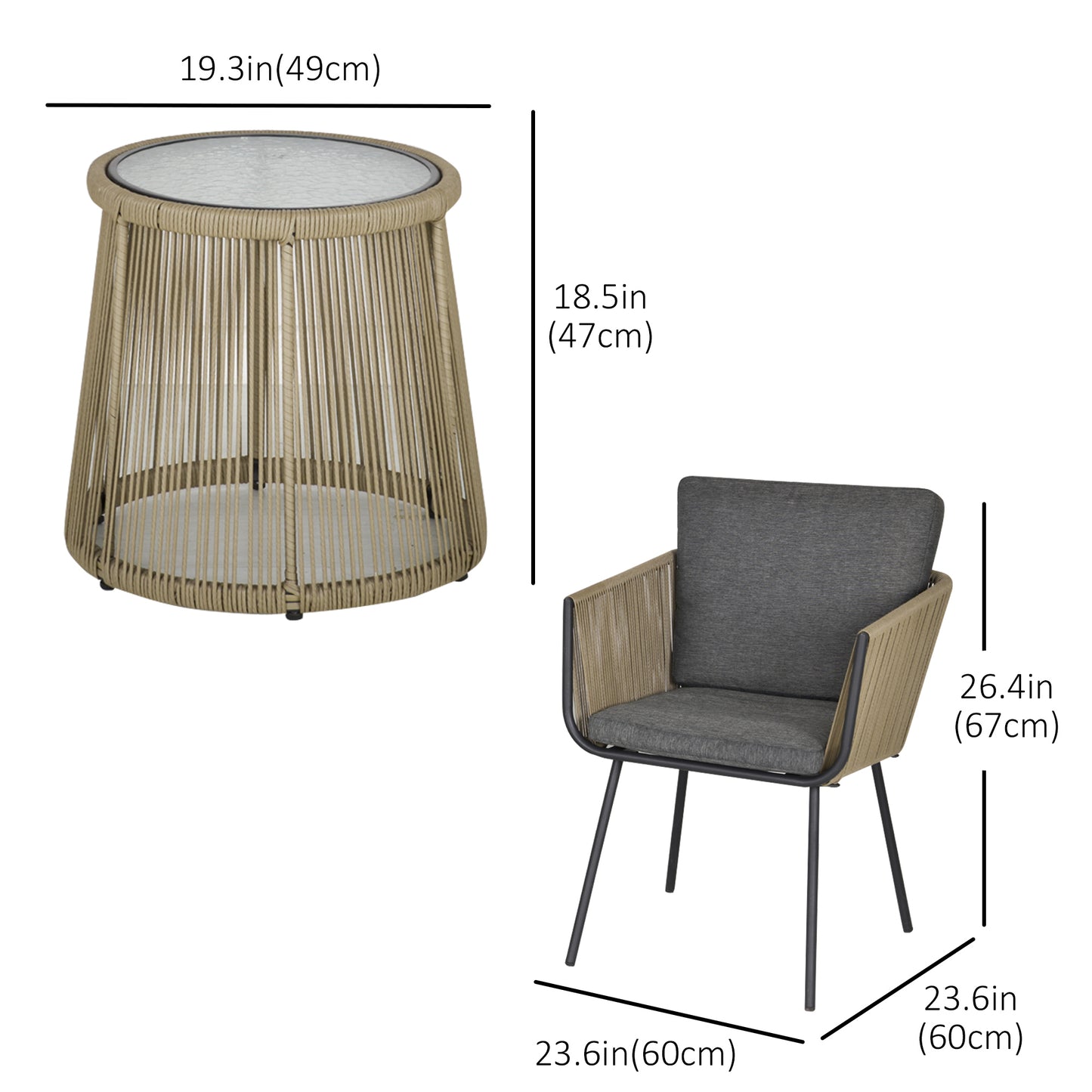 3 Pieces Wicker Patio Furniture Set, Rattan Bistro Set with Coffee Table and Cushions, Outdoor Conversation Set for Gard