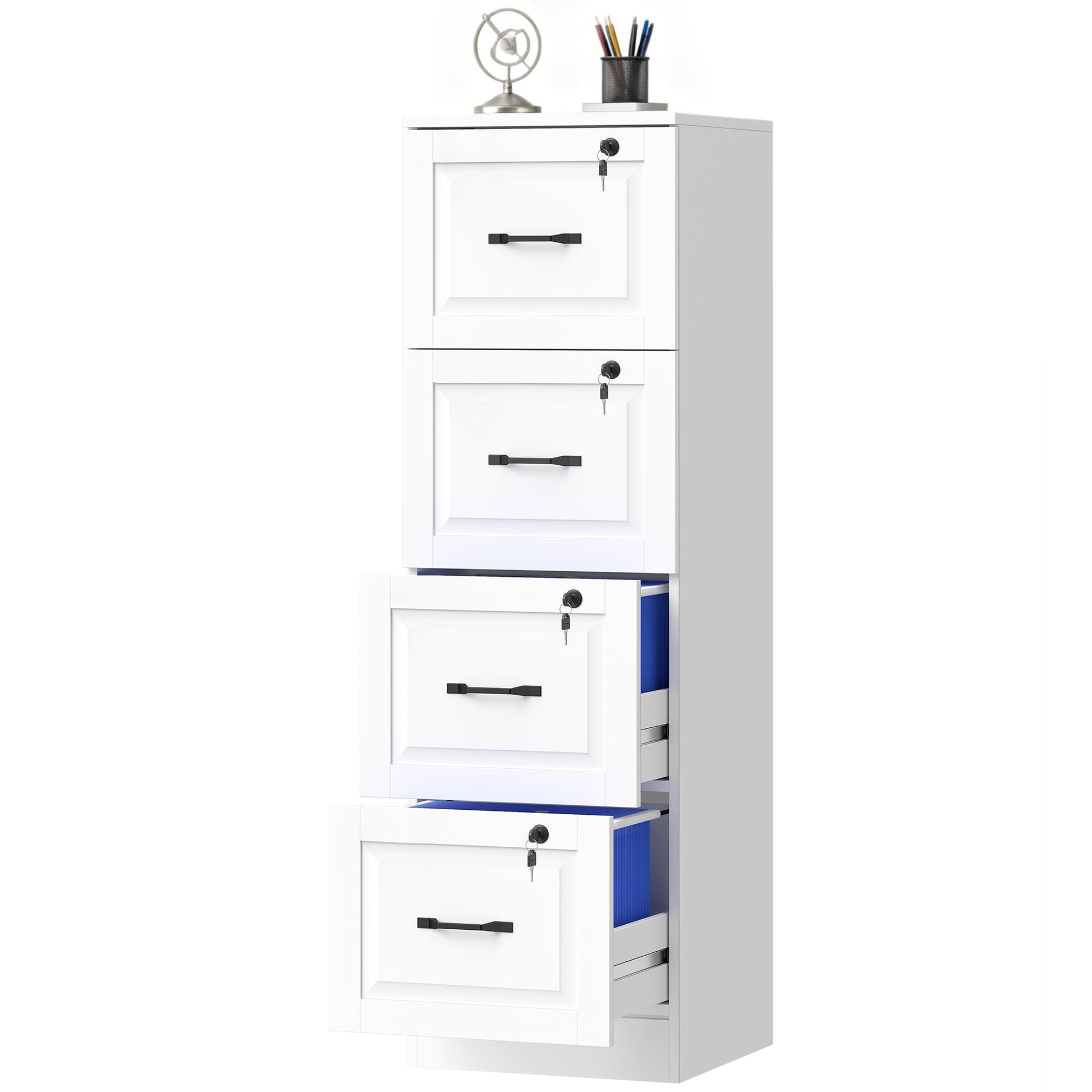4 Drawer File Cabinet with Lock, Vertical Filing Cabinet with Adjustable Hanging Bars for A4 and Letter Size, White
