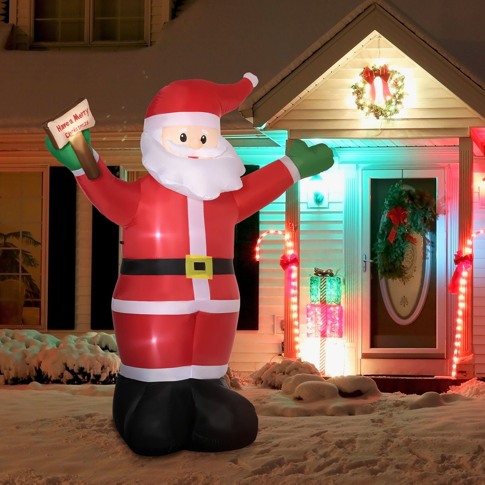 8ft Inflatable Christmas Santa Claus Holds Light Sign of Blessings, Blow-Up Outdoor LED Yard Display for Lawn Garden Par