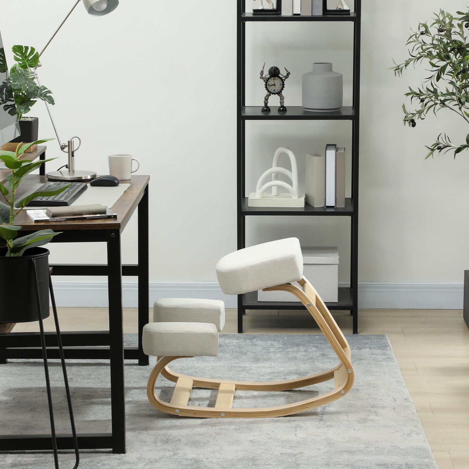 Ergonomic Kneeling Chair, Wood Kneel Stool with Thick Pads, Desk Knee Chair, Improve Posture, Cream White