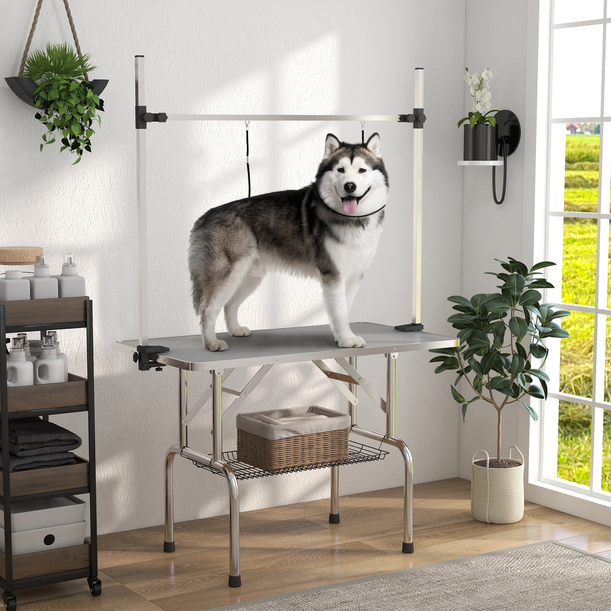 Adjustable Dog Grooming Table with 2 Safety Slings, Storage Basket, Grey