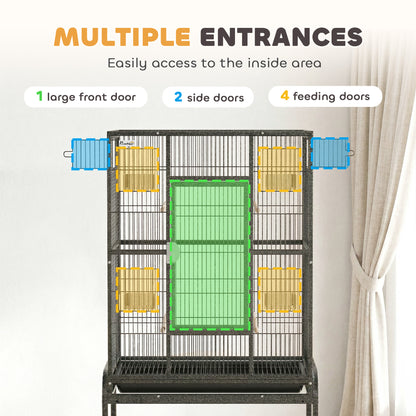 56"H Bird Cage, Parrot Cage w/ Detachable Rolling Stand, Removable Tray, Storage Shelf, Perches, Food Container
