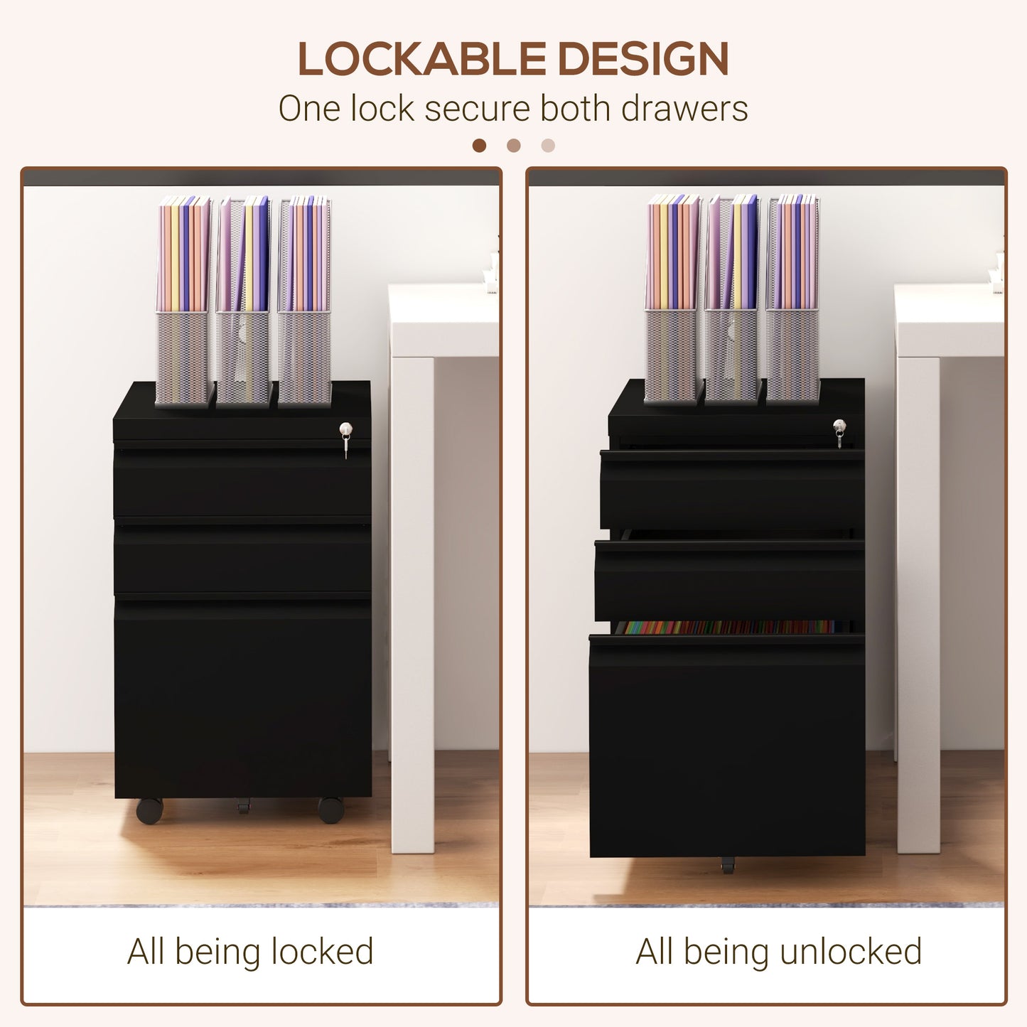3 Drawer File Cabinet with Lock, Steel Vertical Filing Cabinet with 5 Wheels and Hanging Bar for A4/Legal/Letter, Home O