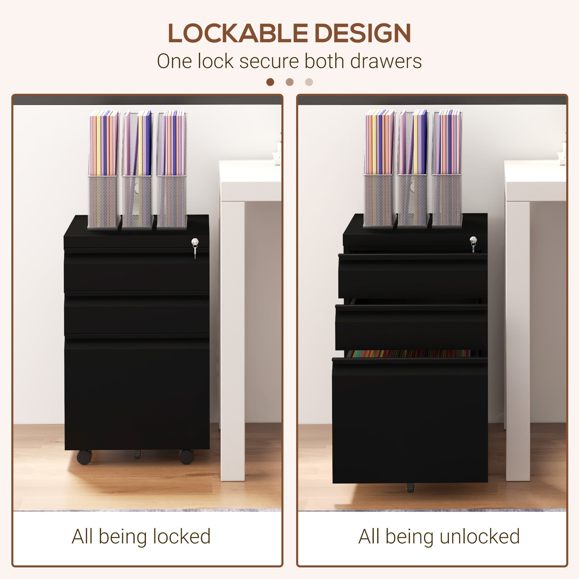 3 Drawer File Cabinet with Lock, Steel Vertical Filing Cabinet with 5 Wheels and Hanging Bar for A4/Legal/Letter, Home O