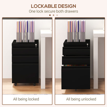 3 Drawer File Cabinet with Lock, Steel Vertical Filing Cabinet with 5 Wheels and Hanging Bar for A4/Legal/Letter, Home O