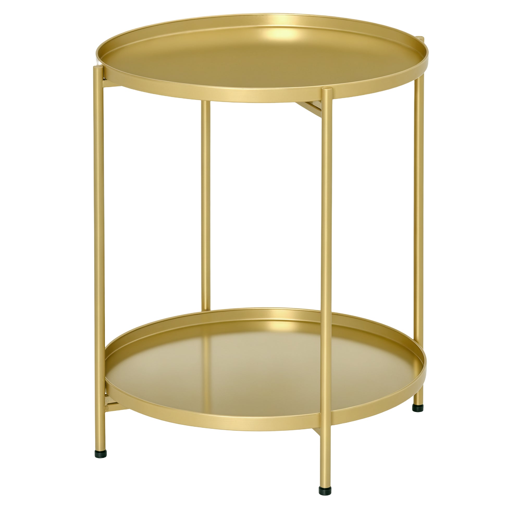 2-Tier Gold Side Table, Round Nightstand with Removable Trays Folding Metal Frame Adjustable Foot End Table for Living R