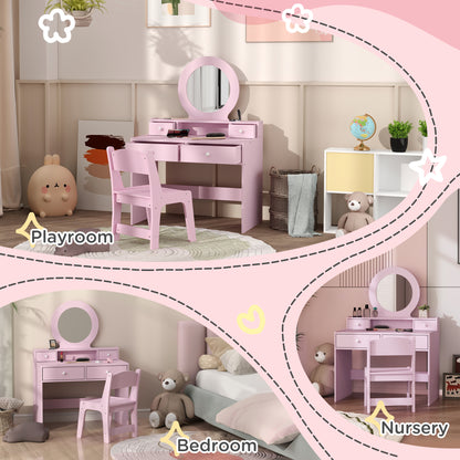 Qaba Kids Vanity Set, Children Makeup Table with Mirror, Stool and Storage Drawers, for Ages 3-8, Pink