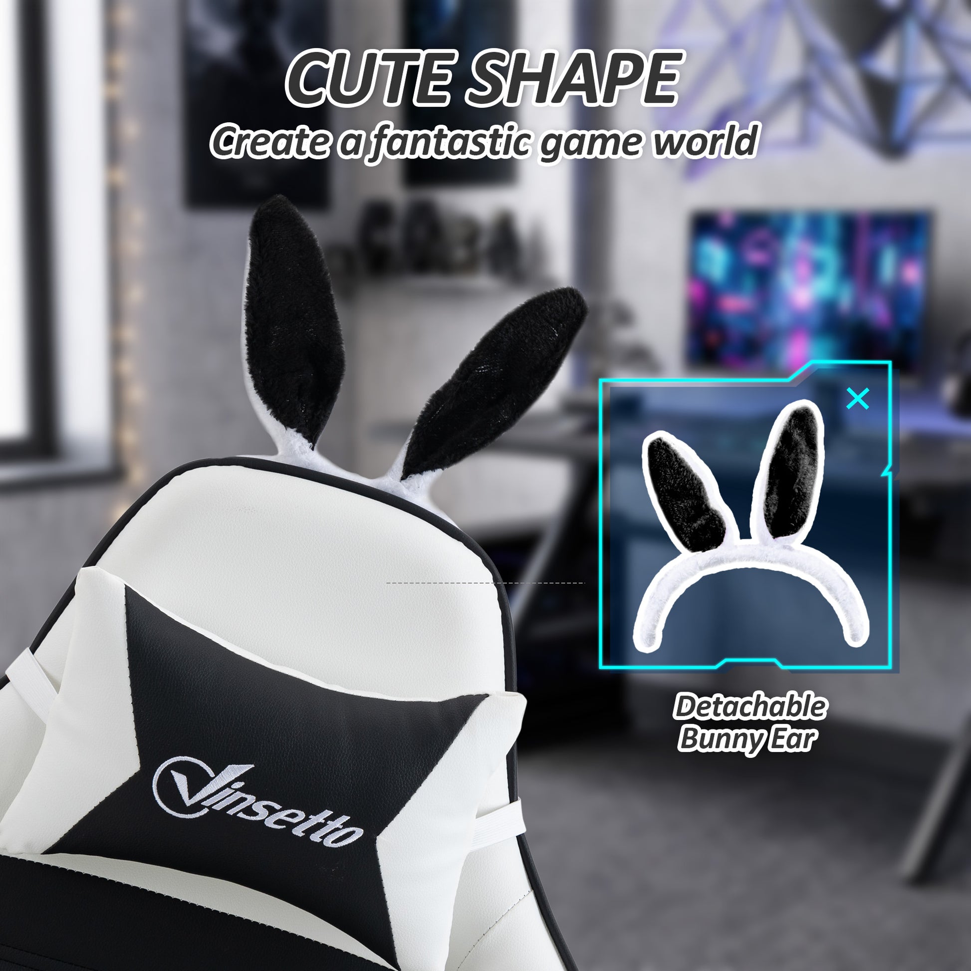 Cute Racing Gamer Chair, PU Leather Gaming Chair with Footrest, Headrest and Lumbar Support, Black