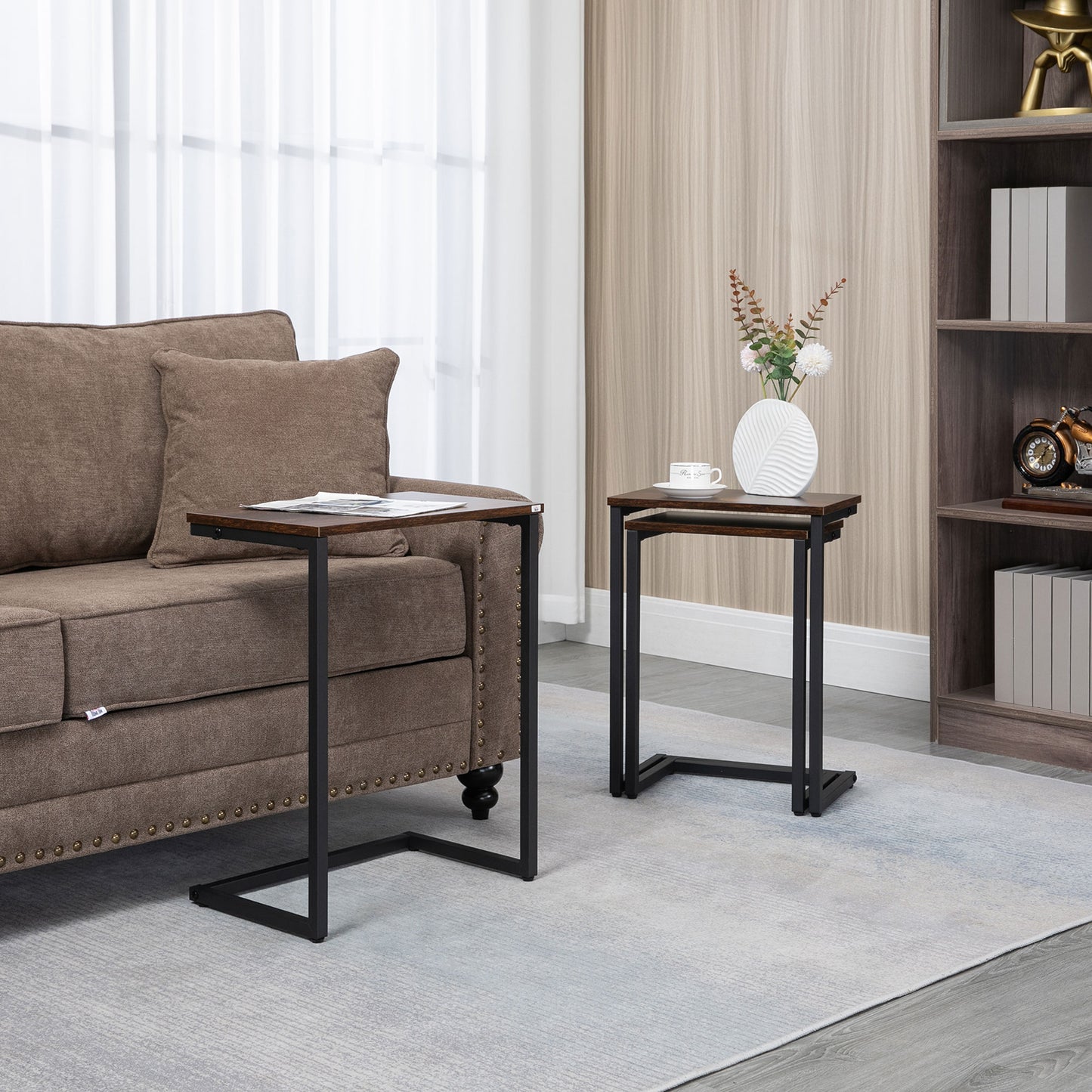 Nesting Coffee Table Set of 3, Stackable Rectangular End Tables with Wood-Effect Top, Metal Frame, Industrial & Rustic C