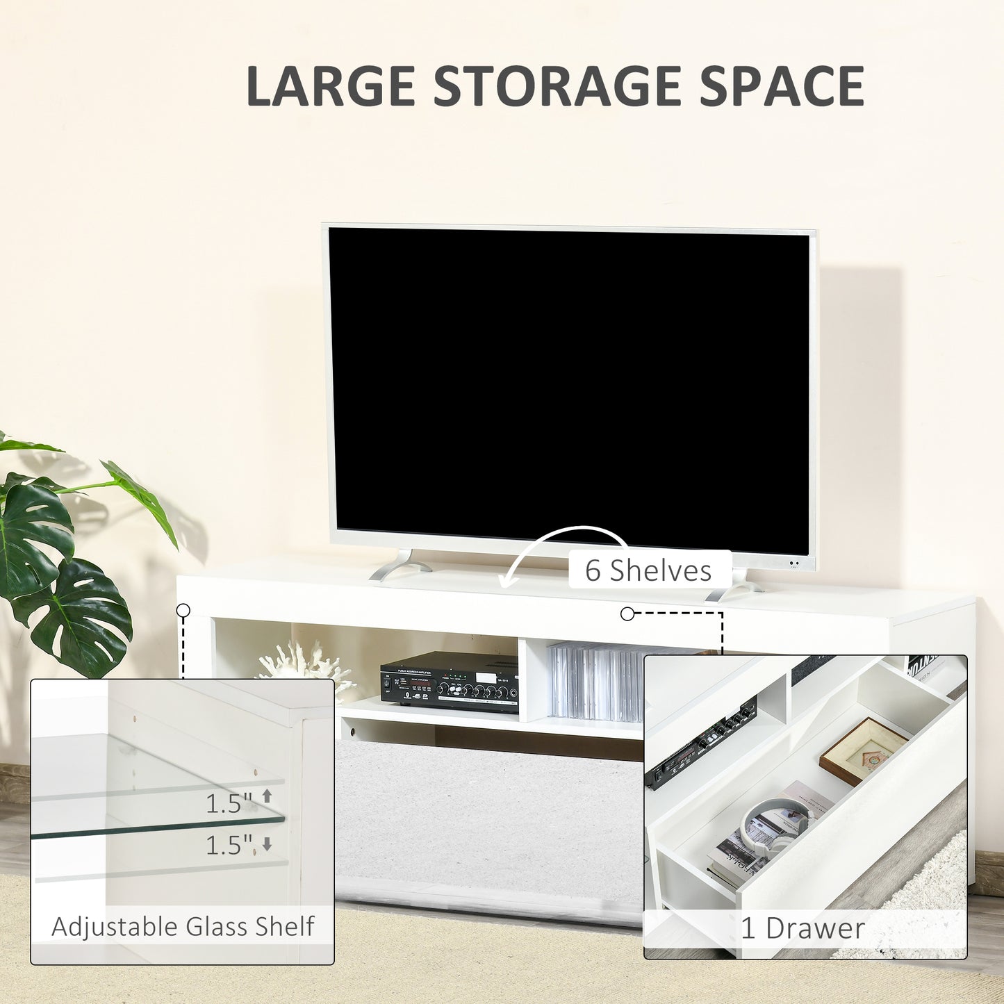 TV Stand for 55-Inch TVs, High Gloss TV Bench with LED Lights, Remote Control, Storage Drawer and Shelves, Entertainment