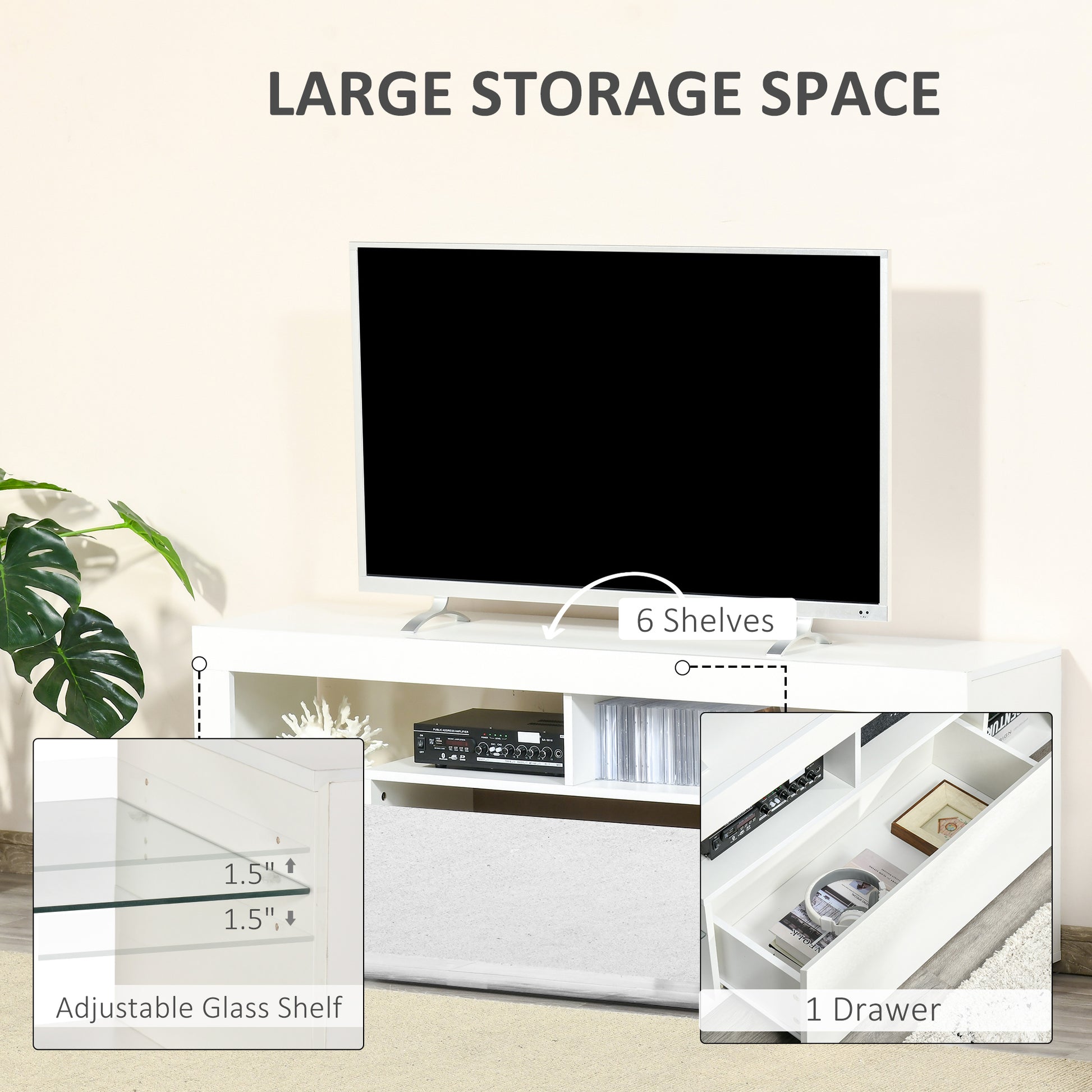 TV Stand for 55-Inch TVs, High Gloss TV Bench with LED Lights, Remote Control, Storage Drawer and Shelves, Entertainment