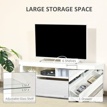 TV Stand for 55-Inch TVs, High Gloss TV Bench with LED Lights, Remote Control, Storage Drawer and Shelves, Entertainment