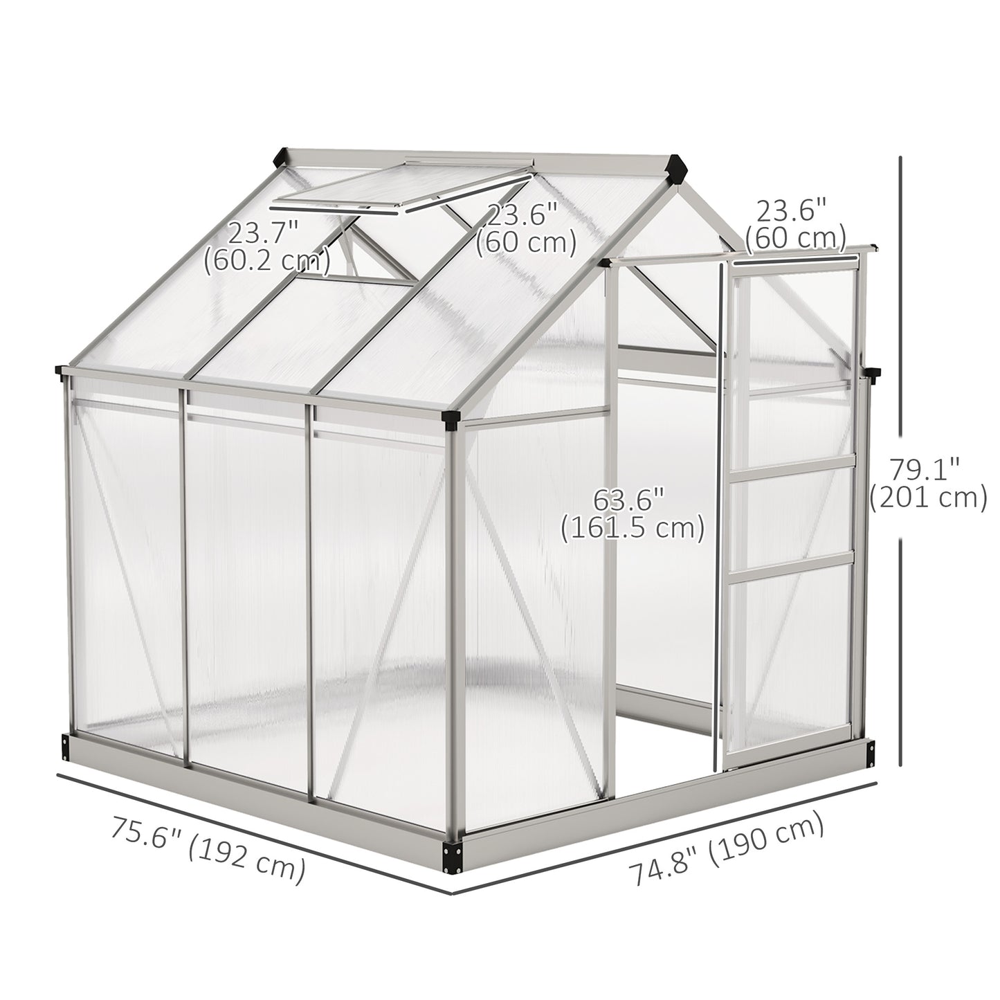 6' x 6' x 6.6' Polycarbonate Greenhouse, Walk-In Green House Kit Garden, Plants Grow, Galvanized Sheet Aluminum Frame wi