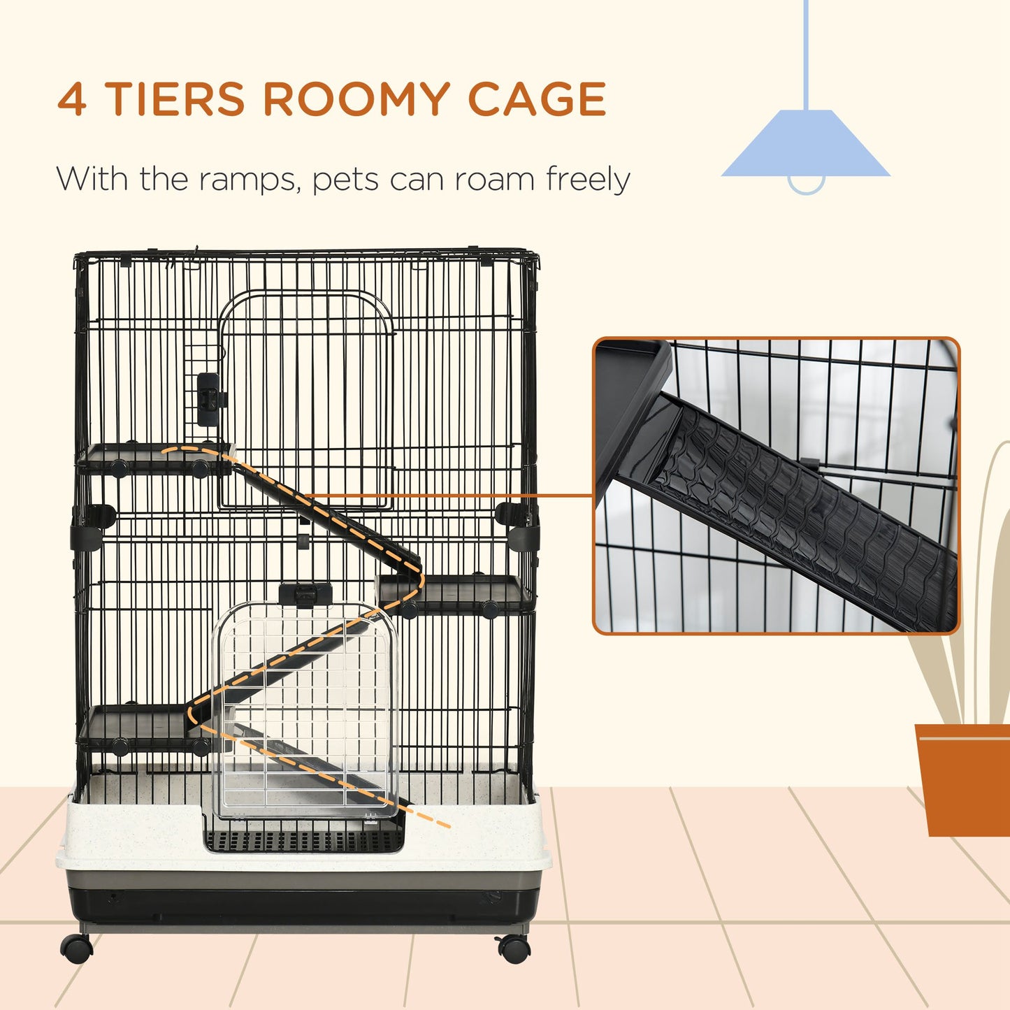 45"H Guinea Pig Cage, 4-Level Rabbit Cage for Ferret, Chinchilla, Hedghog, Bunny, Small Animal Habitat with Wheels, Slid