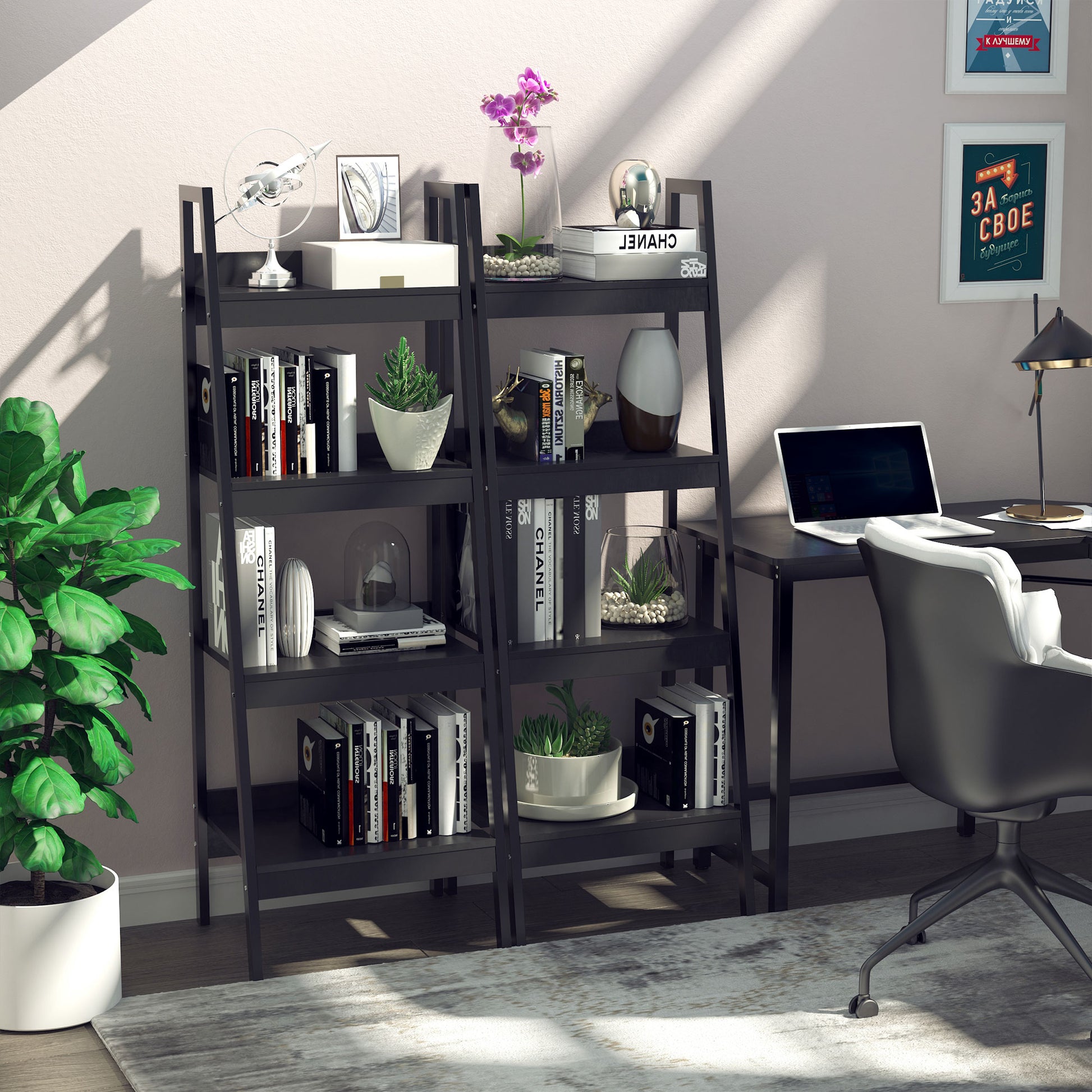 Set of 2, 4 Tier Ladder Shelf Bookcase, Multi-Use Display Rack, Storage Shelving Unit Display Stand, Flower Plant Stand,