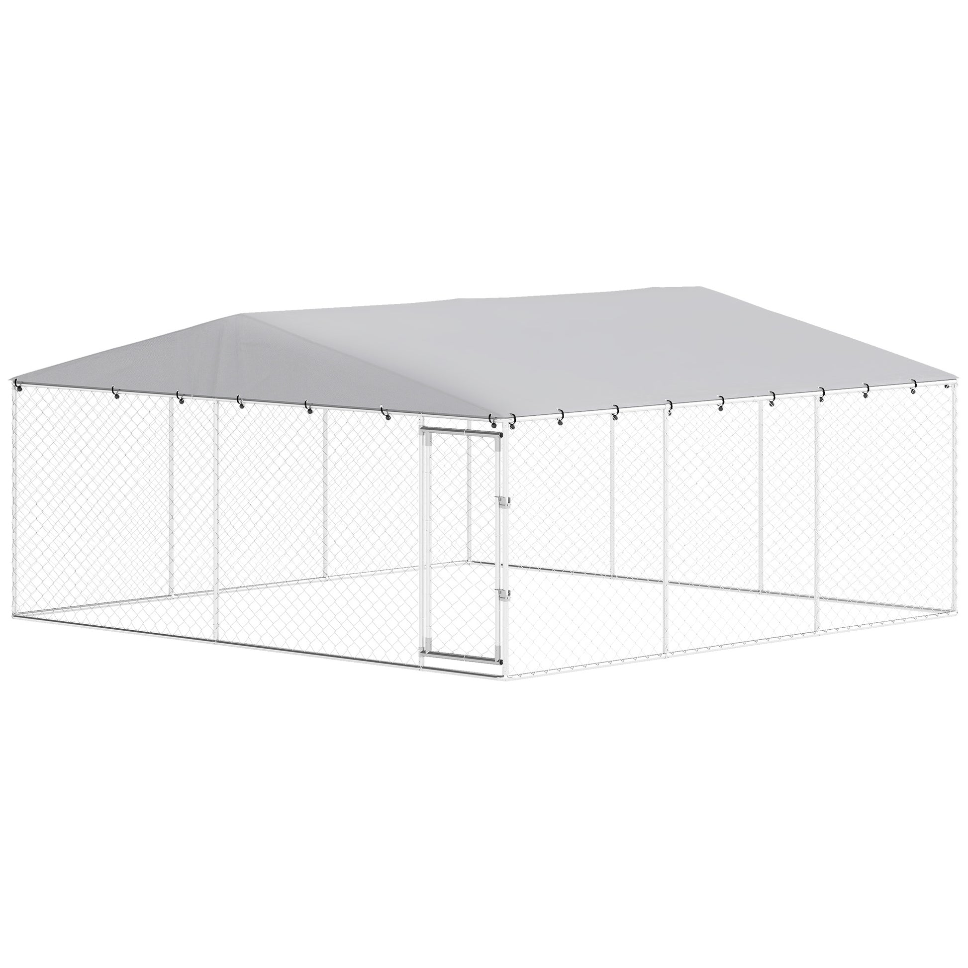 14.8' x 14.8' x 7.1' Dog Kennel Outdoor for Small Medium Large Dogs with Waterproof Cover, Silver