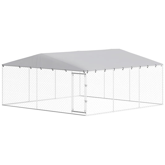 14.8' x 14.8' x 7.1' Dog Kennel Outdoor for Small Medium Large Dogs with Waterproof Cover, Silver