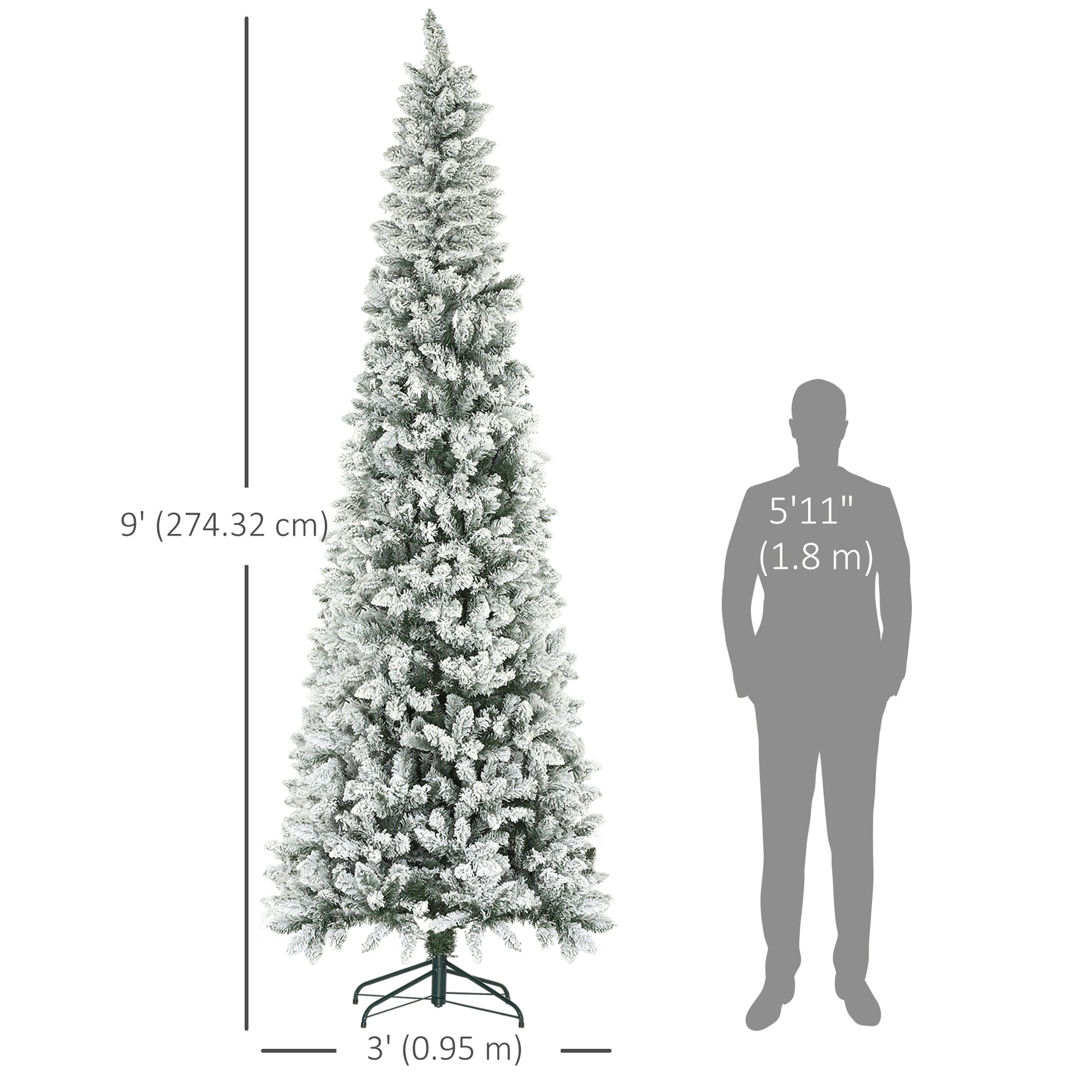 9ft Pencil Christmas Tree, Flocked Tree with 1277 Branch Tips and Metal Base for Home, Indoor, Holiday