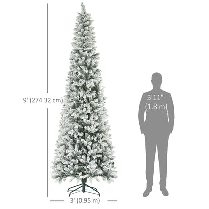 9ft Pencil Christmas Tree, Flocked Tree with 1277 Branch Tips and Metal Base for Home, Indoor, Holiday
