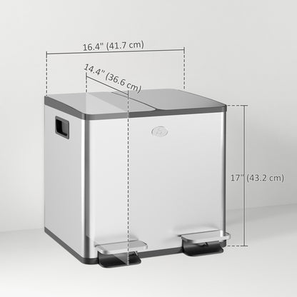 Garbage Bin, Soft-Close Trash Can with Foot Pedal, 2x4 Gallon (2x15 L) Garbage Can with Removable Inner Buckets, Silver