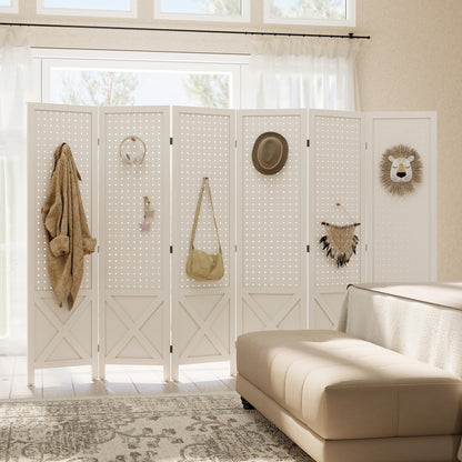 56.9" 6 Panel Wooden Room Divider with Pegboard Display, Folding Privacy Screen for Home Office, White
