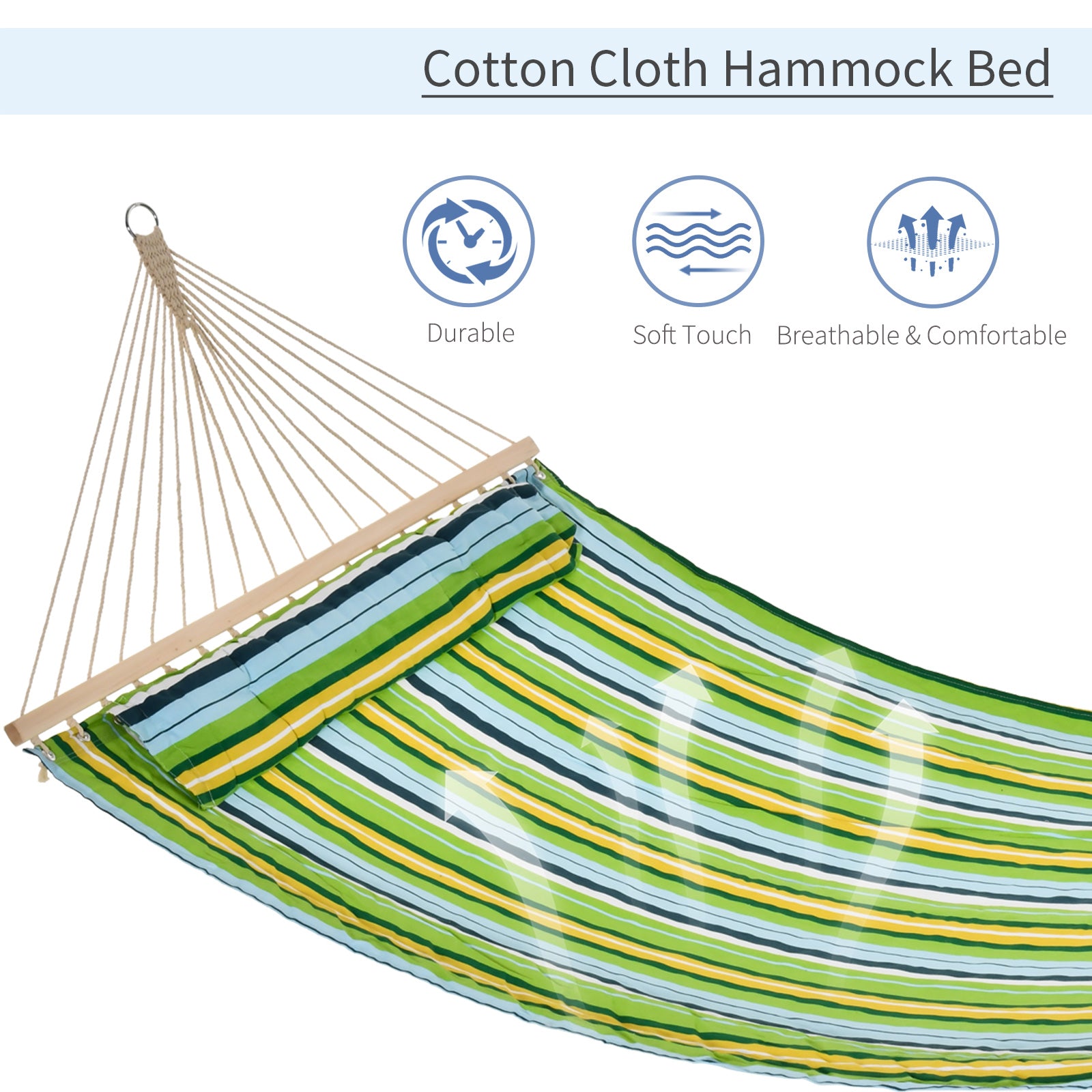 83" Patio Double Hammock, Wide Outdoor Hammock Bed Striped Fits 2 People Sunbed Camping hang Sleep w/ Pillow, White Stri