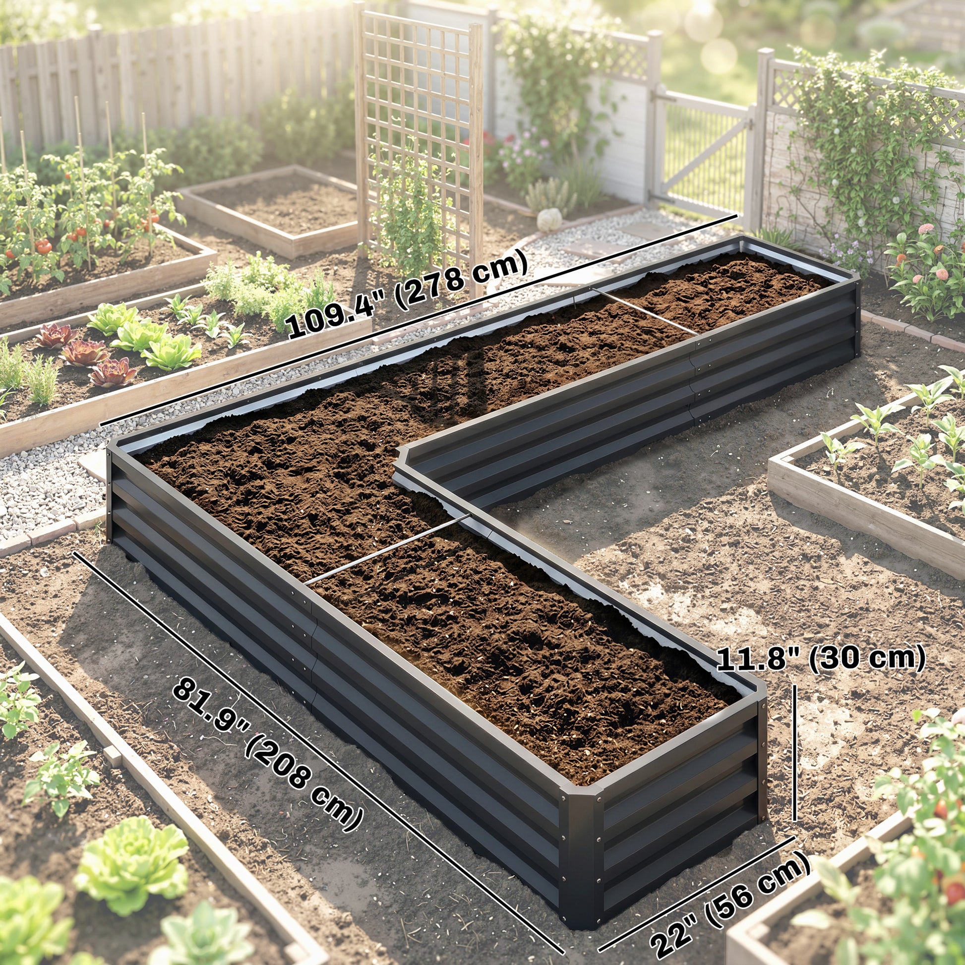 L-Shaped Raised Garden Bed, 82" x 109" x 12" Galvanized Steel Planter Box with Multi-reinforced Rods for Vegetables, Flo