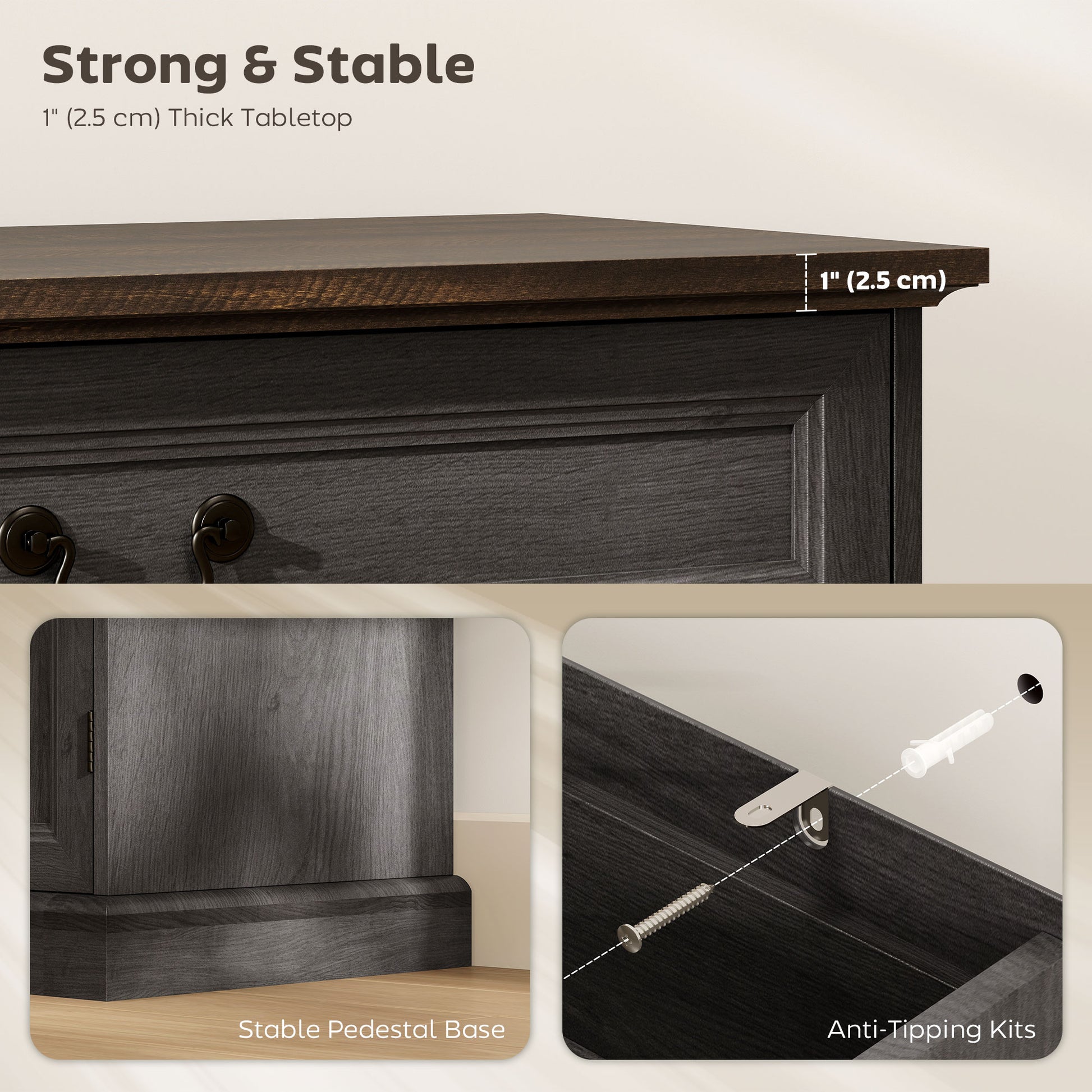 55" Farmhouse Sideboard Buffet Cabinet with Charging Station, 2 Drawers and 2 Adjustable Shelves, Black Wood Grain