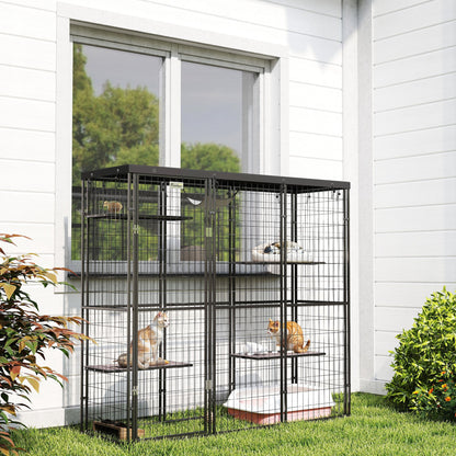 Weld Wire Catio Outdoor Indoor with Waterproof Cover, 4 Jumping Platforms, Hammock, 69" x 22" x 62", Black