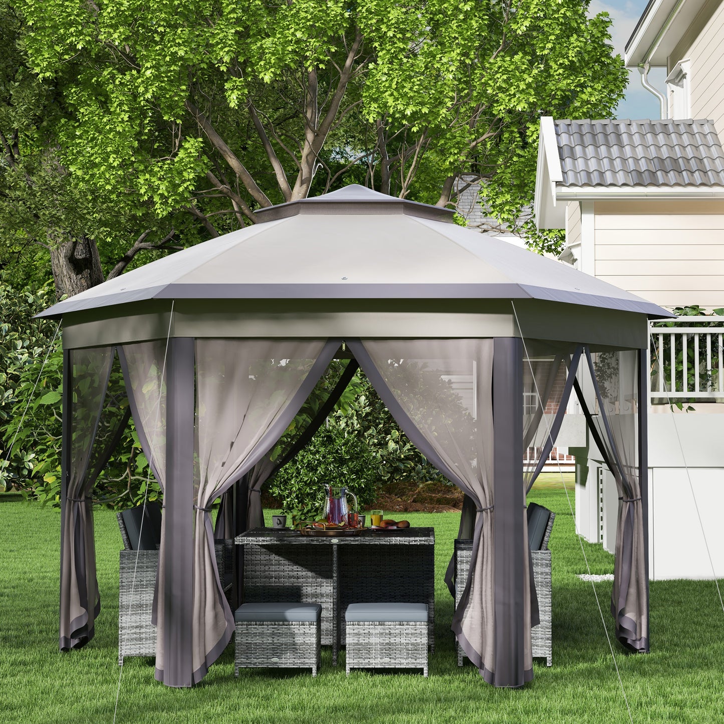 13' x 13' Pop Up Canopy Tent with Netting and Carry Bag, Instant Sun Shelter, Coffee and Beige